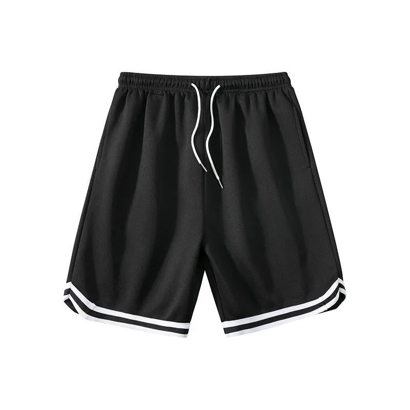 Men's loose sport shorts in polyester fabric available in nine colours including black, white, apricot, and blue shades