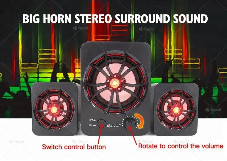 Green USB 2.1 computer speaker with colourful lighting and 150 cm cable for portable audio