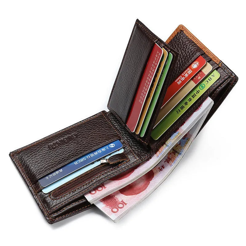 Soft cowhide leather wallet with contrast stitching, open to show card slots, bill holder, and a zipper coin compartment.