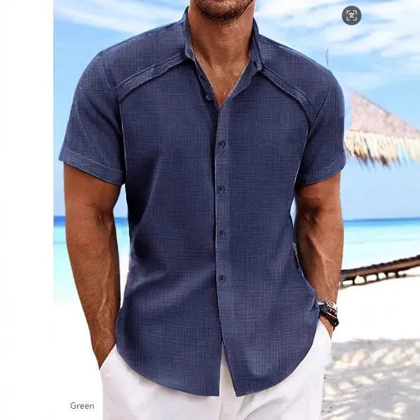 Men's solid colour short sleeve casual shirt in cotton blend fabric on a hanger.