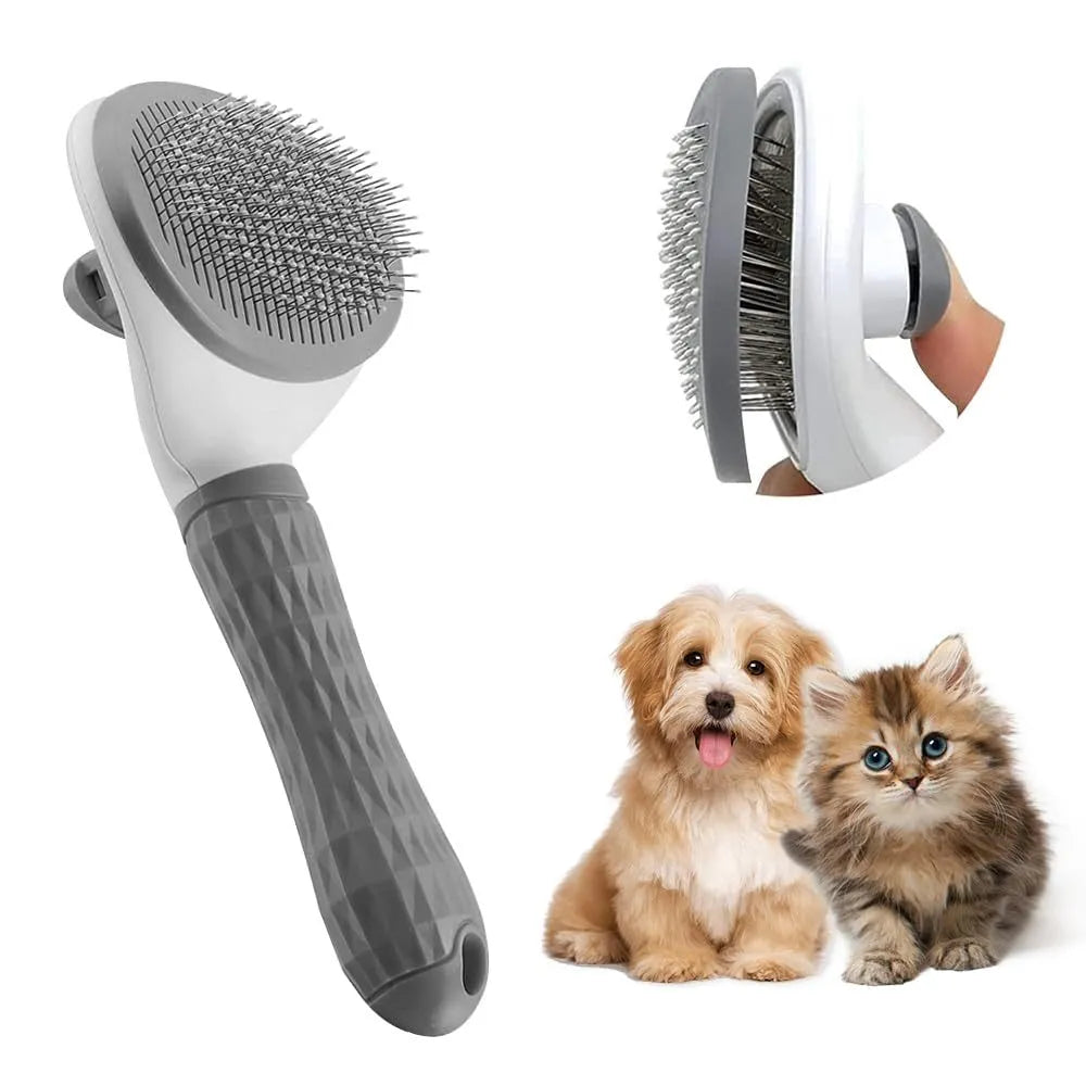 Blue cat grooming brush with release button for removing pet hair