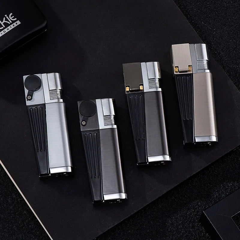Folding metal pipe lighter showing open position with stash compartment visible