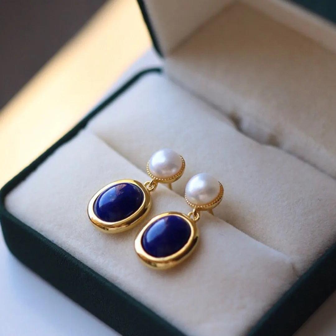Lapis lazuli pearl earrings in 925 silver with auspicious pattern detailing
