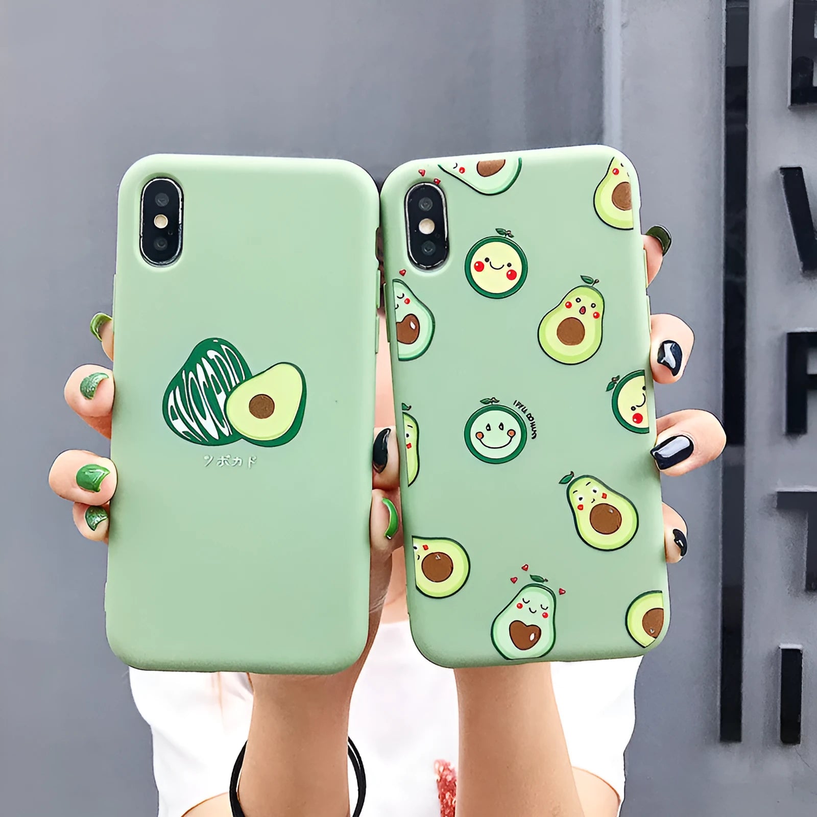 Avocado cartoon design on a soft TPU back cover case for Apple iPhone.