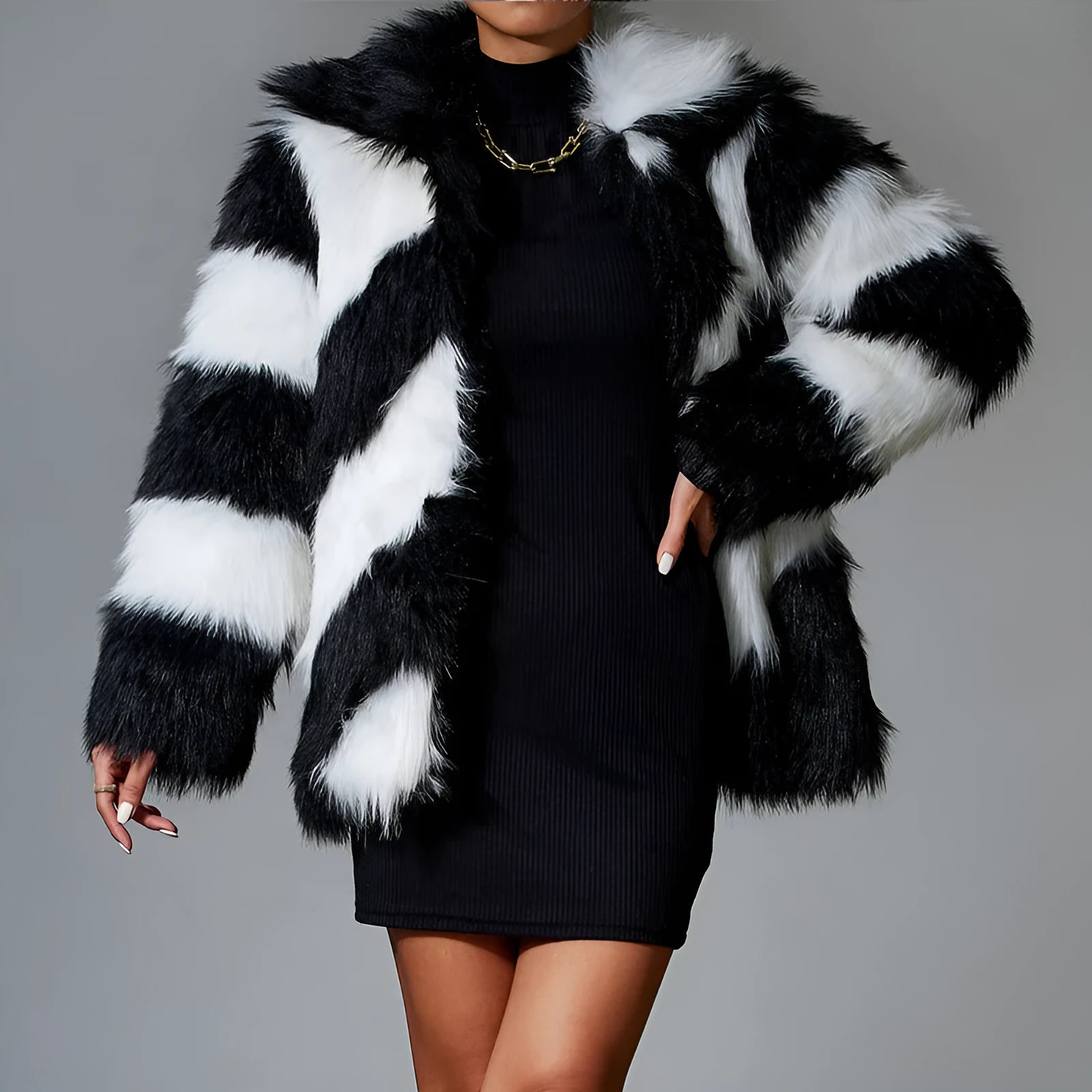 Faux fur coat with contrast lapel and fur collar in normal 50cm length