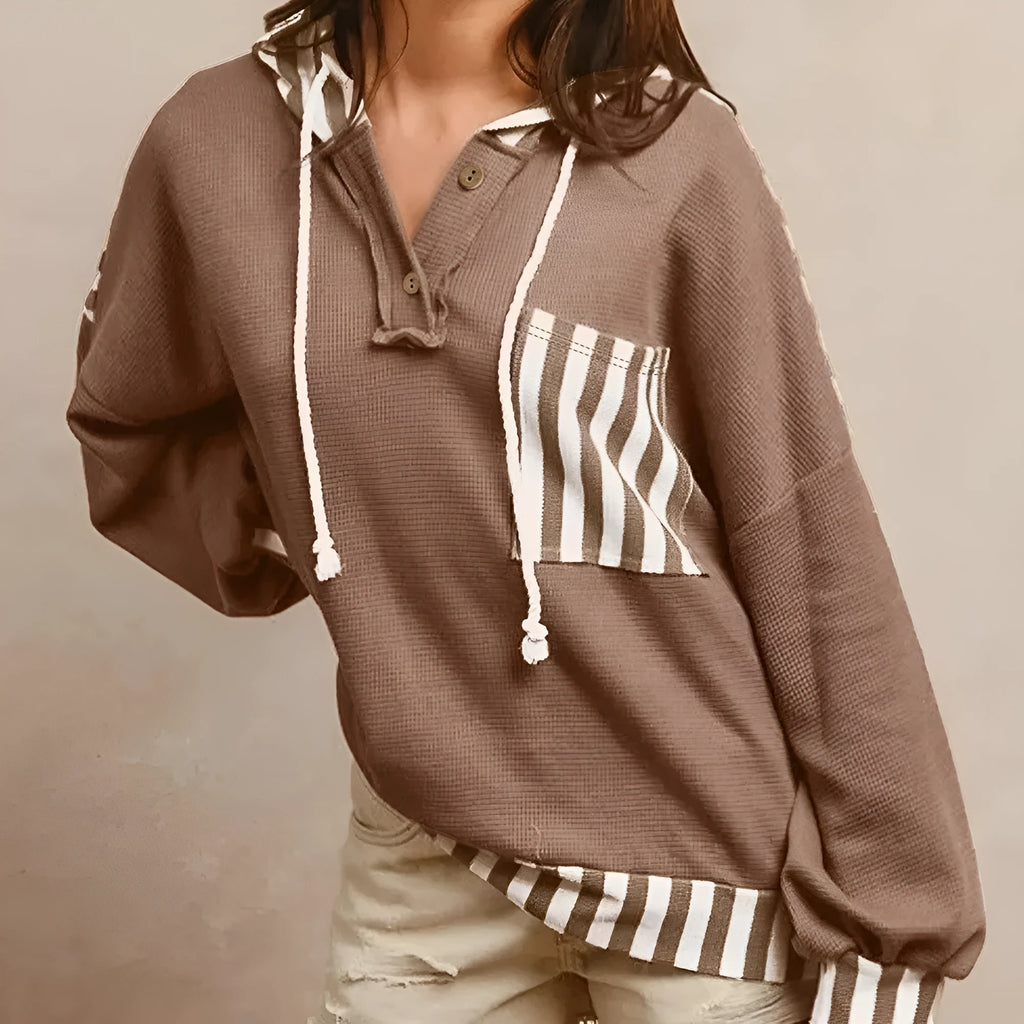 Straw yellow waffle texture striped patchwork hoodie with button neck and drawstring
