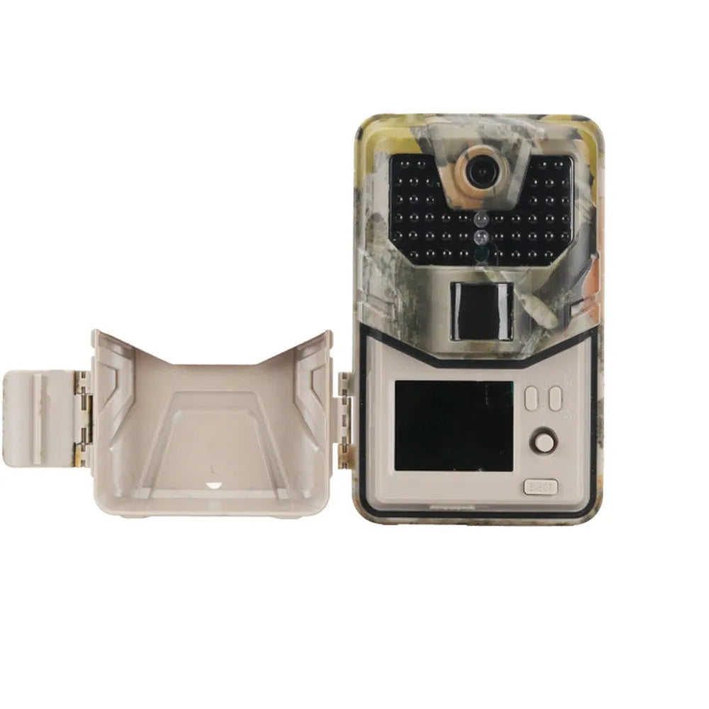 Camouflaged outdoor hunting camera with infrared LEDs, showing compact design for wildlife and security monitoring.