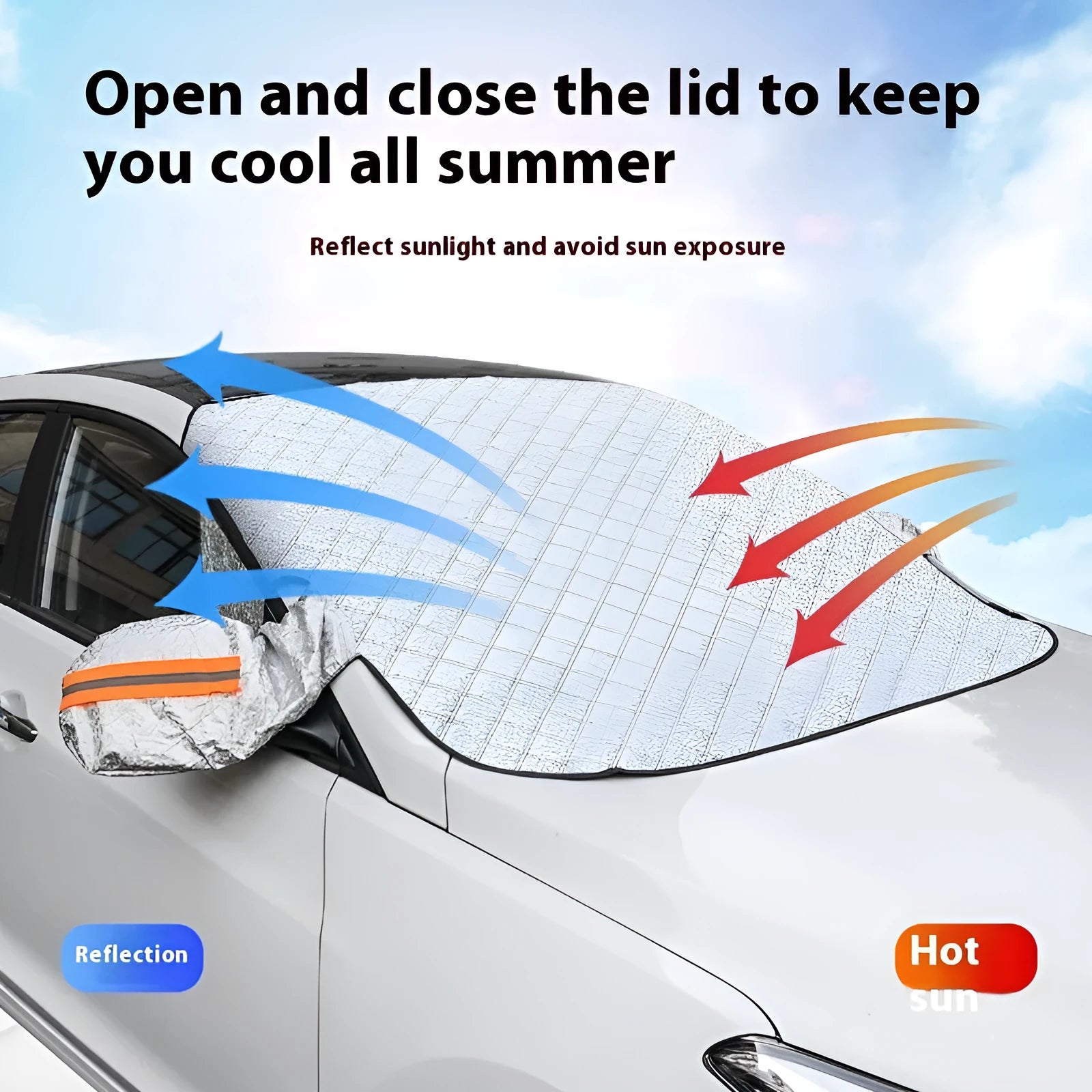 Thickened aluminium foil winter car cover for SUV windshield with magnetic fasteners.