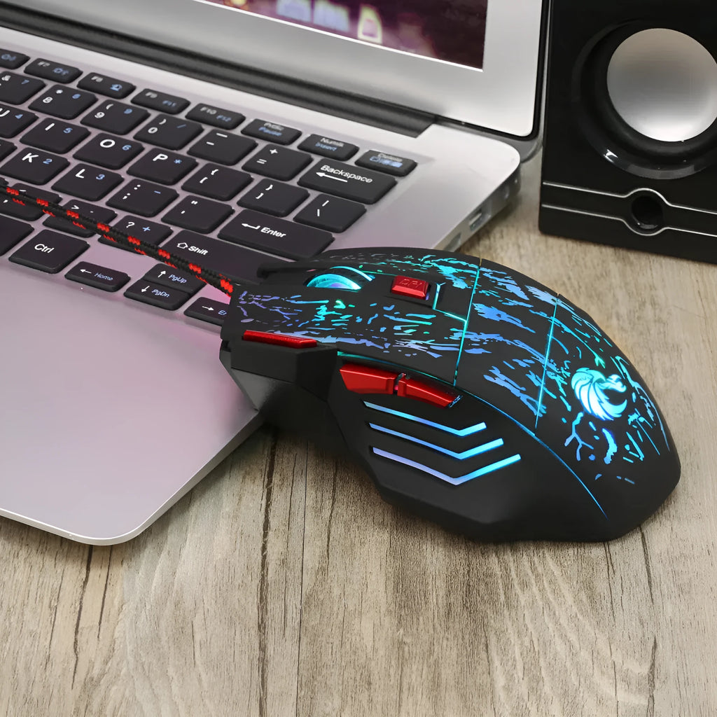 Black gaming mouse with luminous water crack pattern design, USB cable, and ergonomic shape