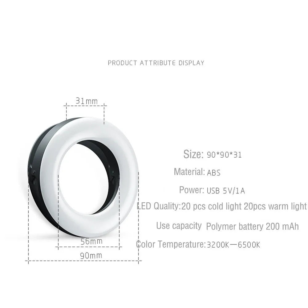 Compact 90mm LED selfie ring light with USB cable available in black pink and white for cell phone photography
