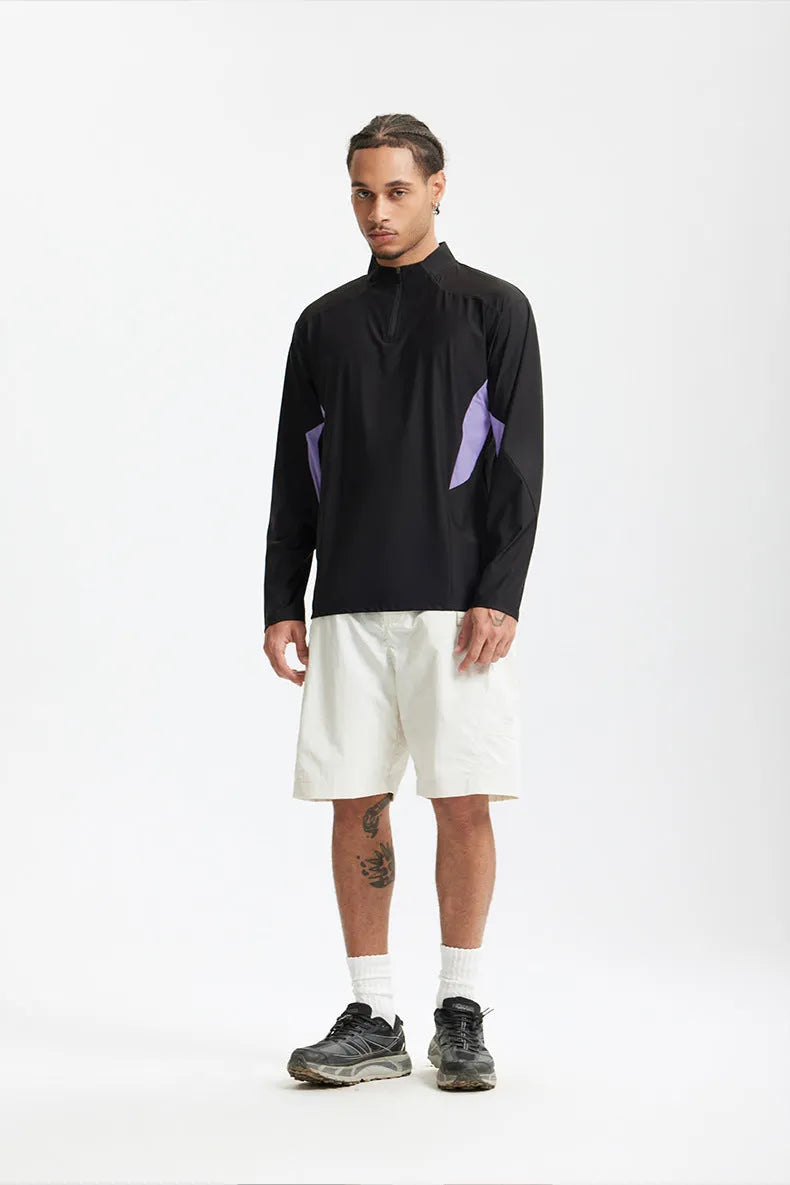 Men's solid colour polyester top showing stitching details and available in long or short sleeve black and beige options