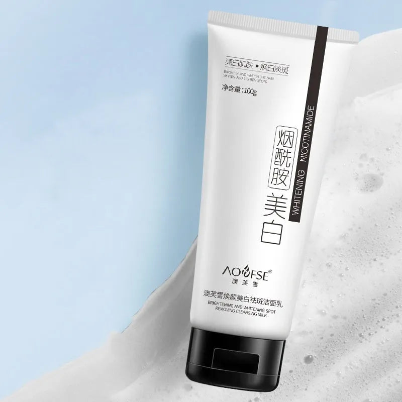White facial cleanser bottle for whitening and freckle removal with pore cleansing benefits