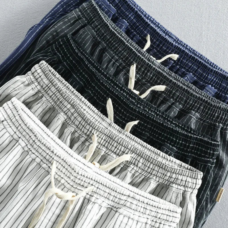 Men's striped casual shorts in loose straight-leg fit with elastic waistband.