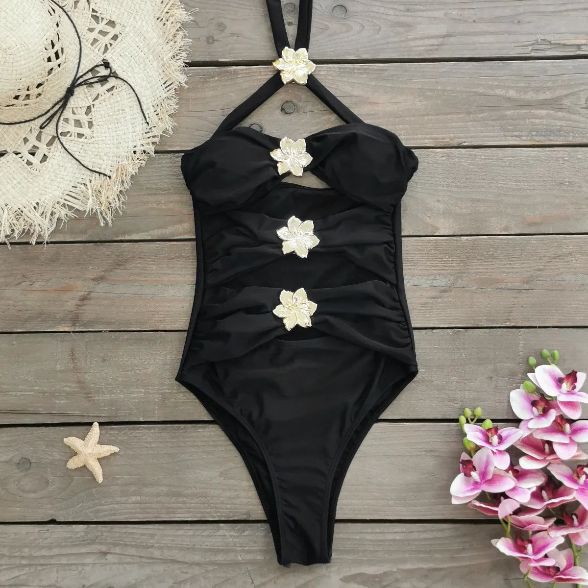 Women's solid colour one-piece swimsuit with hollow-out tube top and removable short skirt