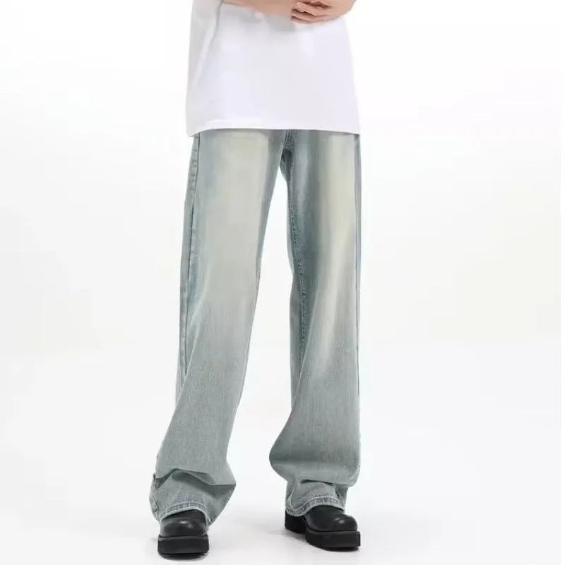 Blue loose-fit retro trousers with an elasticated waistband made from rabbit fur fabric.