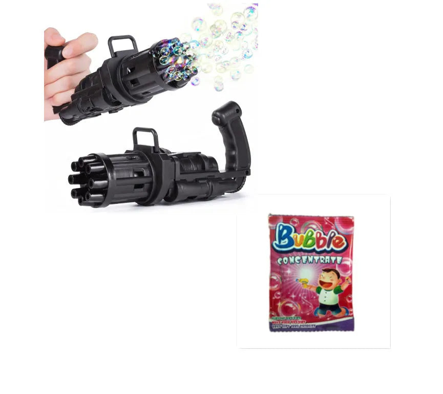 Child's plastic bubble blower gun in pink, gold, or black with removable bubble head for use as a fan.