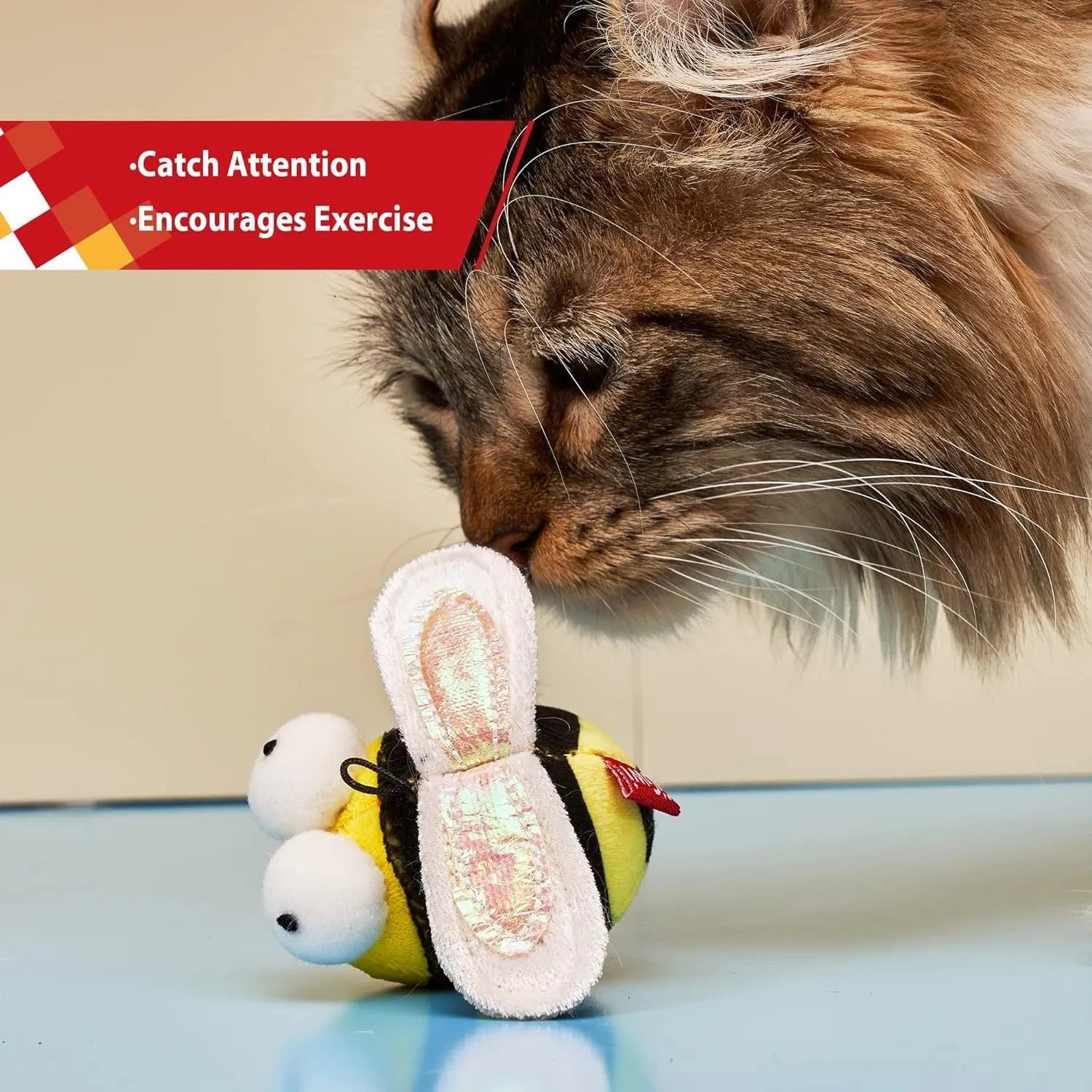 Yellow bee-shaped electronic cat toy with motion-activated squeaking mechanism for interactive indoor play
