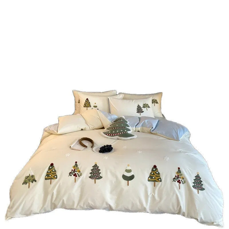 Cotton four-piece bedding set with embroidered Christmas tree towel design on duvet cover