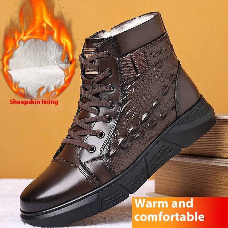 Men's black genuine leather snow boots with fur lining and rubber non-slip soles