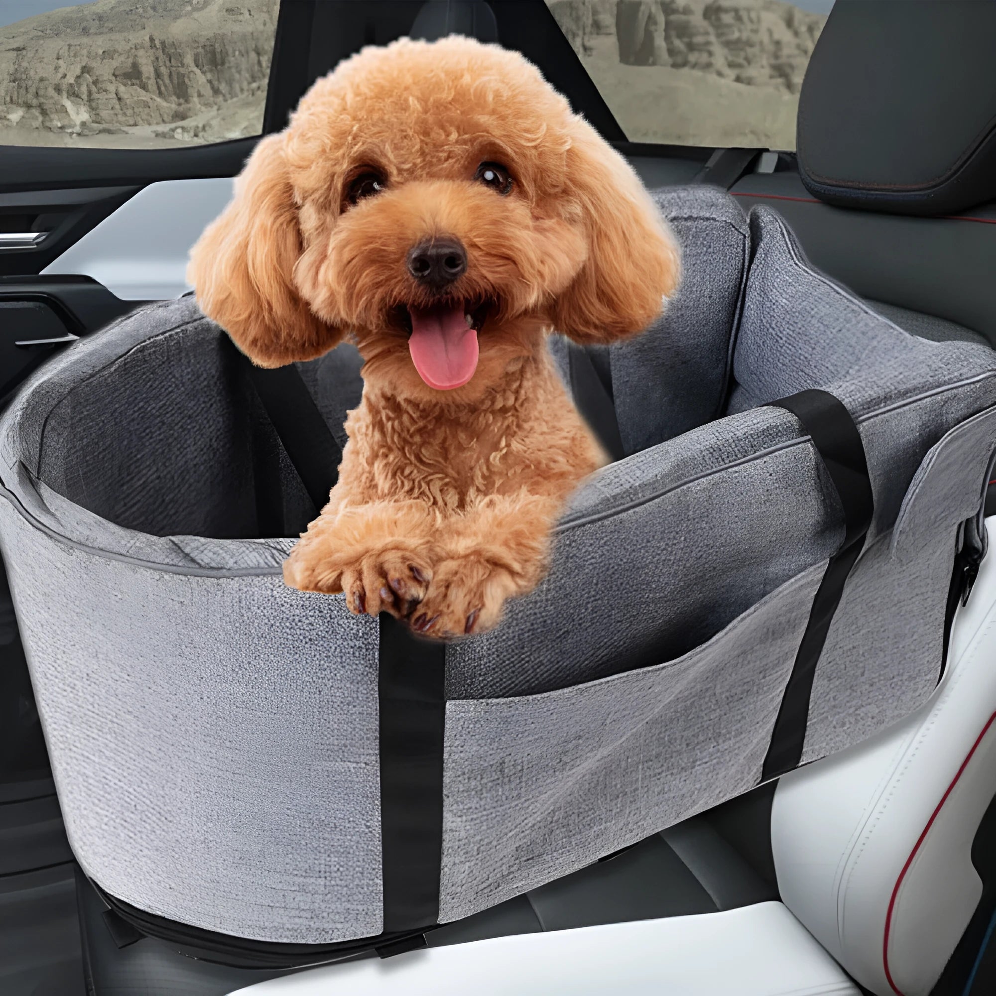 Outdoor cloth dog kennel for car travel in grey, blue, or red colour options.