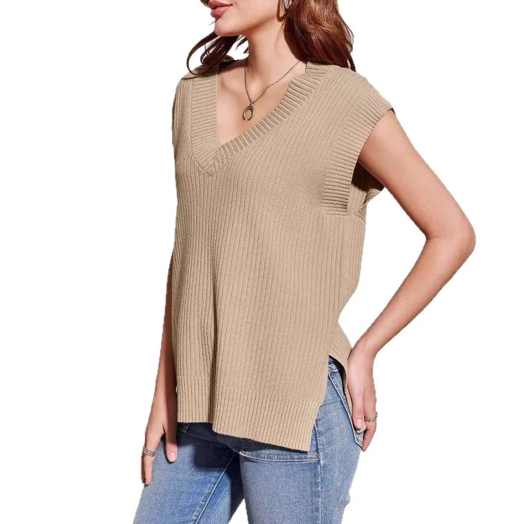 Women's v-neck sleeveless pullover vest in camel stripe pattern, loose fit viscose fabric