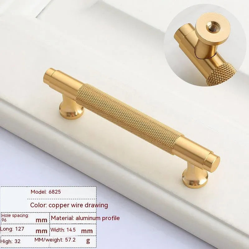 Brushed brass aluminium furniture handle showing hole spacing options for cabinet and wardrobe installation