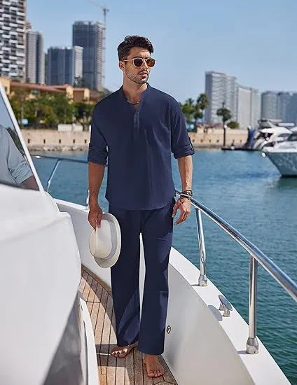 Men's casual cotton suit in a solid colour, featuring a long-sleeve top and trousers.