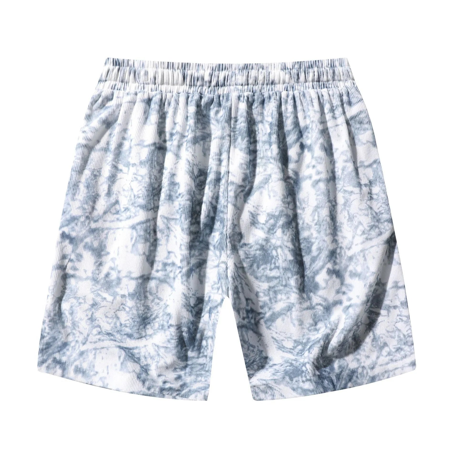 Men's camouflage pattern corduroy shorts with an elasticated high waistband on a plain background.