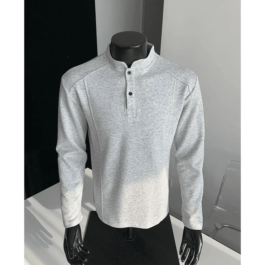 Men's gray patchwork stand-up collar long sleeve cotton sweater shirt on hanger