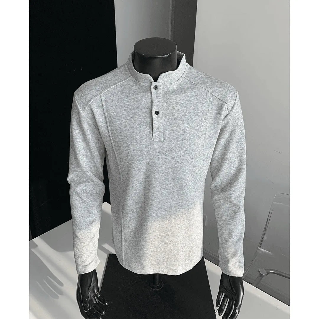 Men's gray patchwork stand-up collar long sleeve cotton sweater shirt on hanger