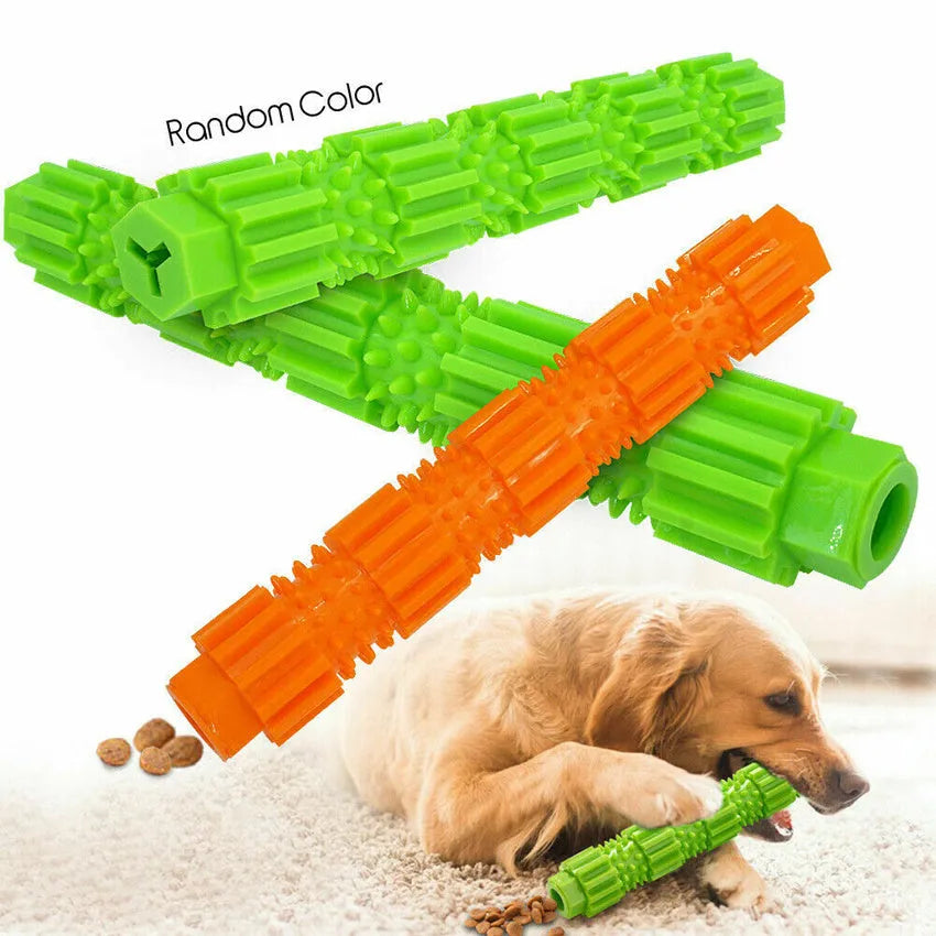 Green and orange durable rubber dog chew toy with textured surface for aggressive chewers.