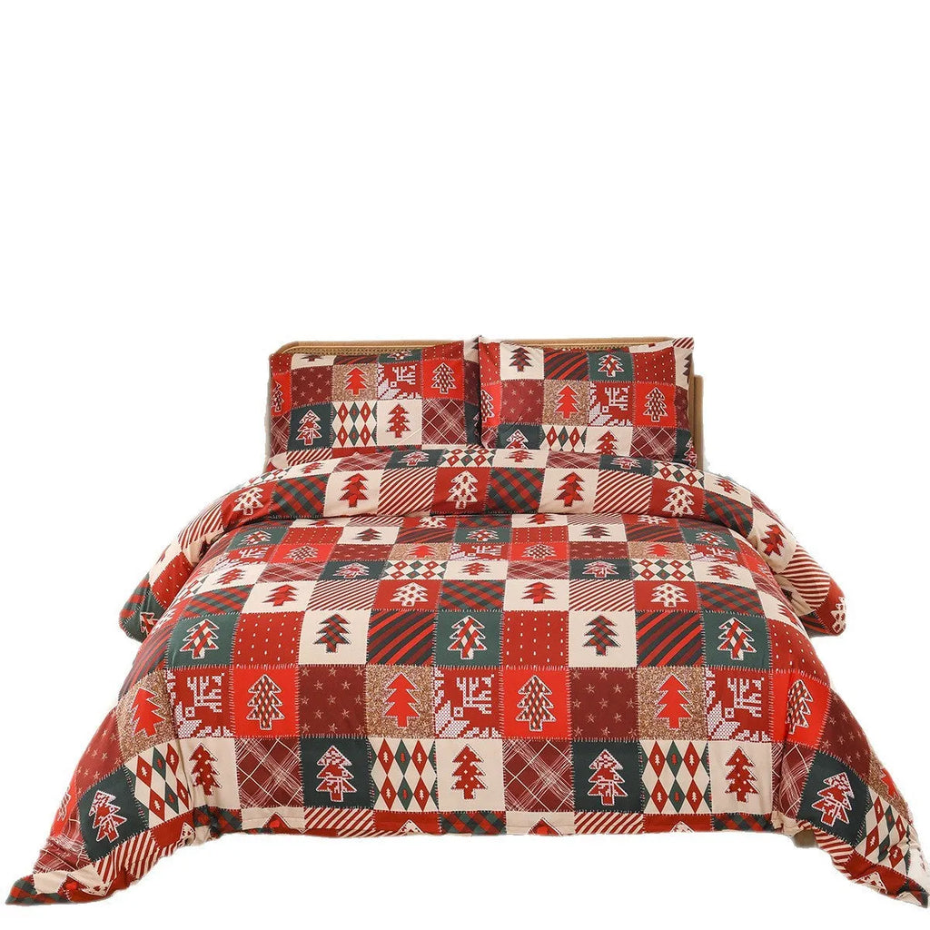 Red plaid patterned bedding three-piece set showing quilt cover and pillowcases