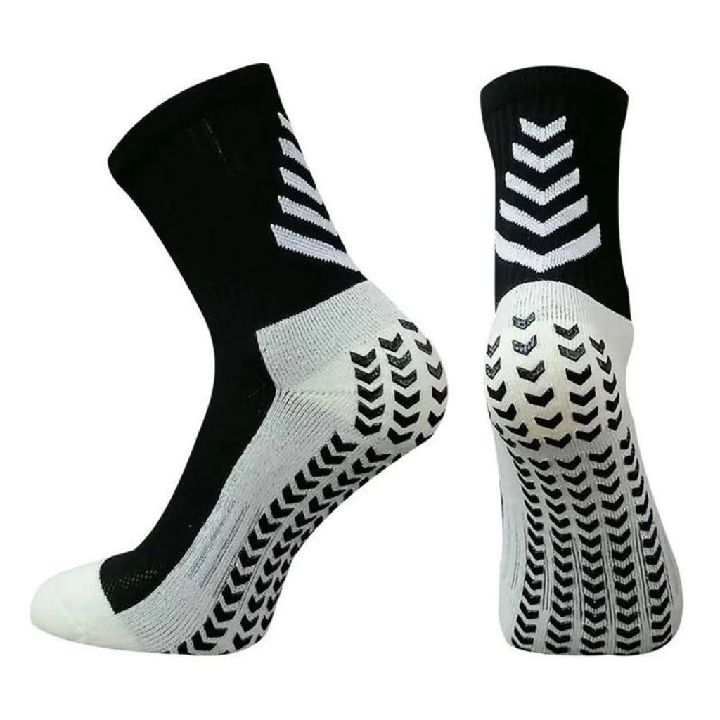 Men's mid-calf athletic socks with geometric patterns and non-slip silicone grip for football and running