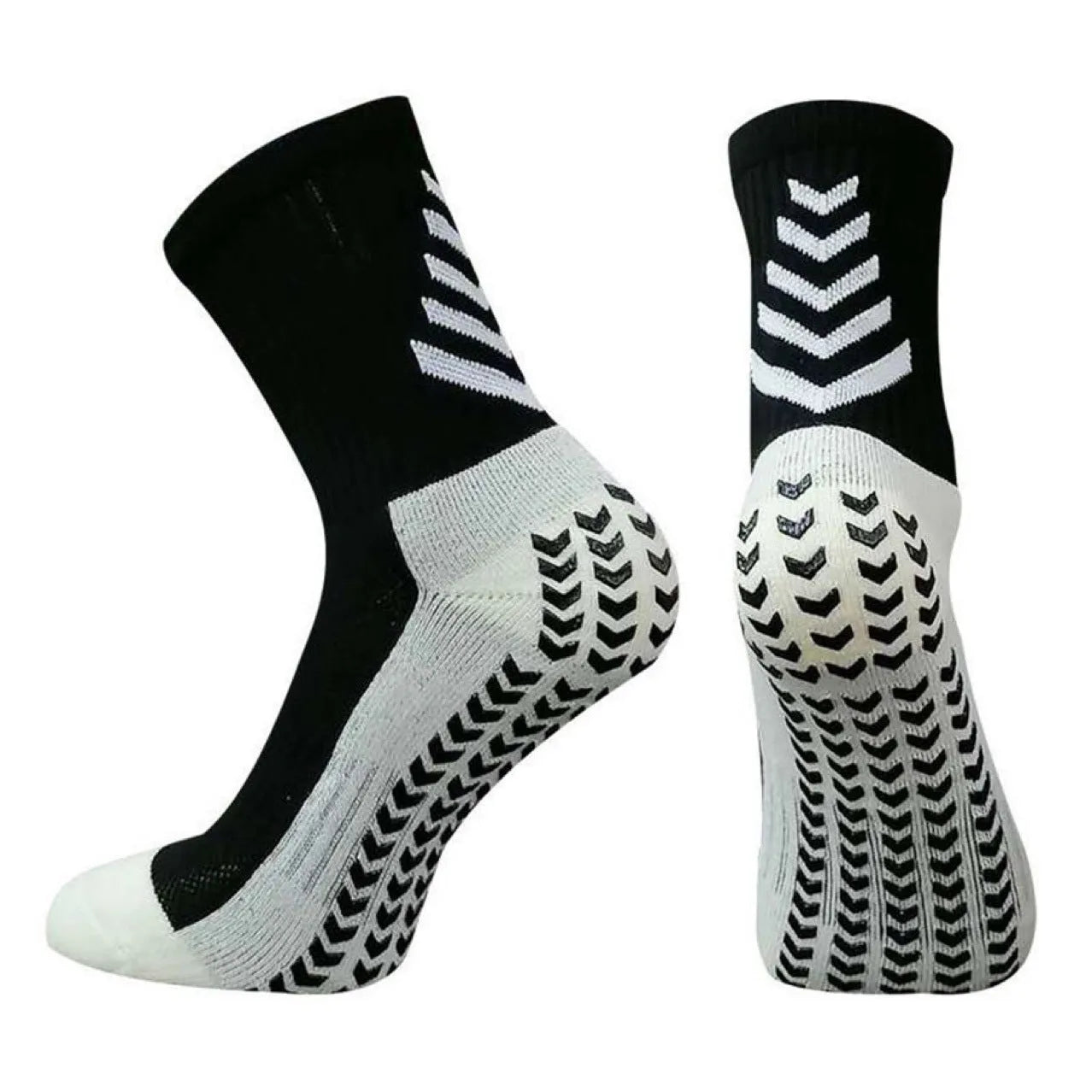 Men's mid-calf athletic socks with geometric patterns and non-slip silicone grip for football and running