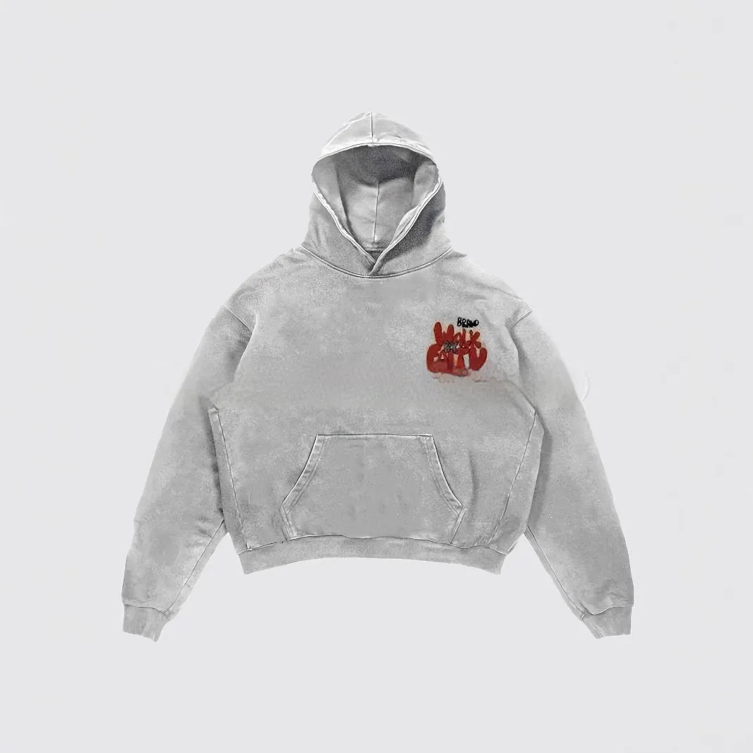 Women's granny grey hoodie with vintage Harajuku character print design and pocket detail