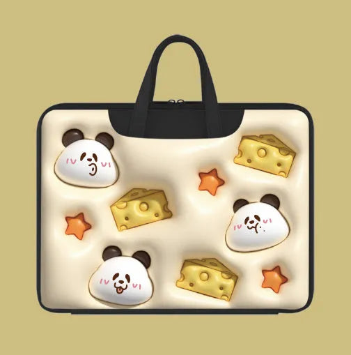 Inflatable PU leather laptop bag with suitcase hanger in cute panda print for a 15.6-inch device.