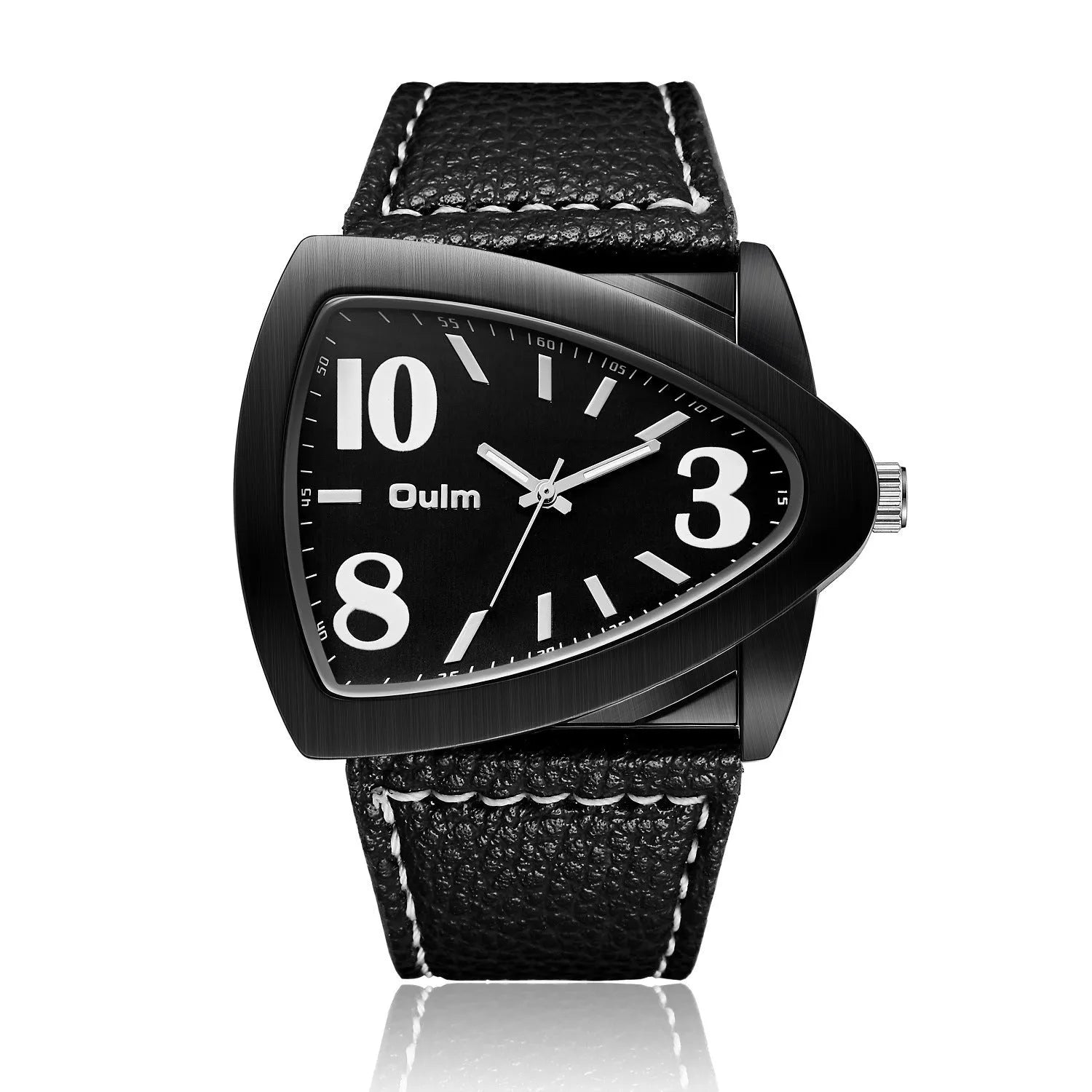 Men's casual watch with a triangular belt, slim case, on wrist showing brown, black, and blue colour variants.