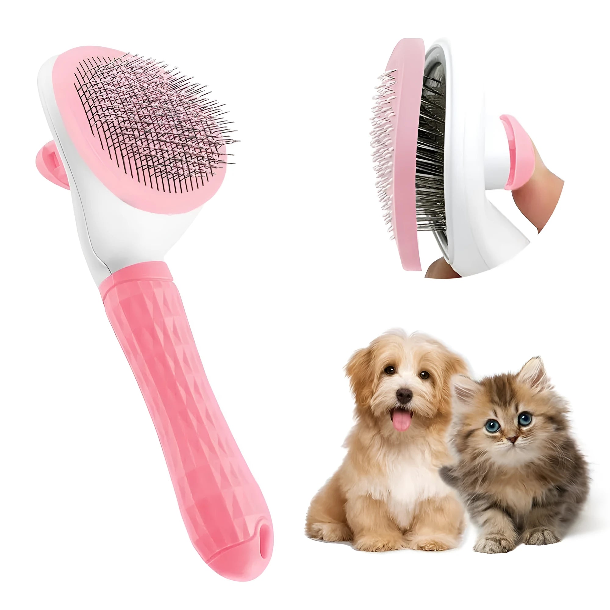 Blue cat grooming brush with release button for removing pet hair