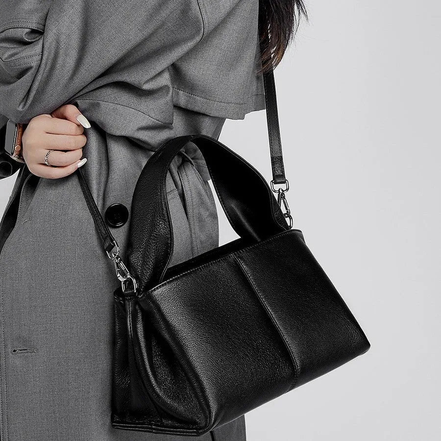 Women's genuine leather messenger bag in horizontal square shape with double shoulder strap
