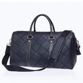 Men's vintage cowhide leather duffel bag with single strap, shown with internal phone and ID pockets.