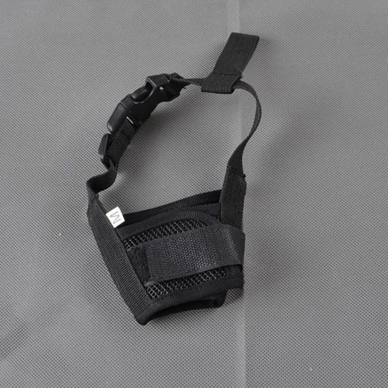 Adjustable plastic dog muzzle in multiple colours showing five size options for biting and barking control