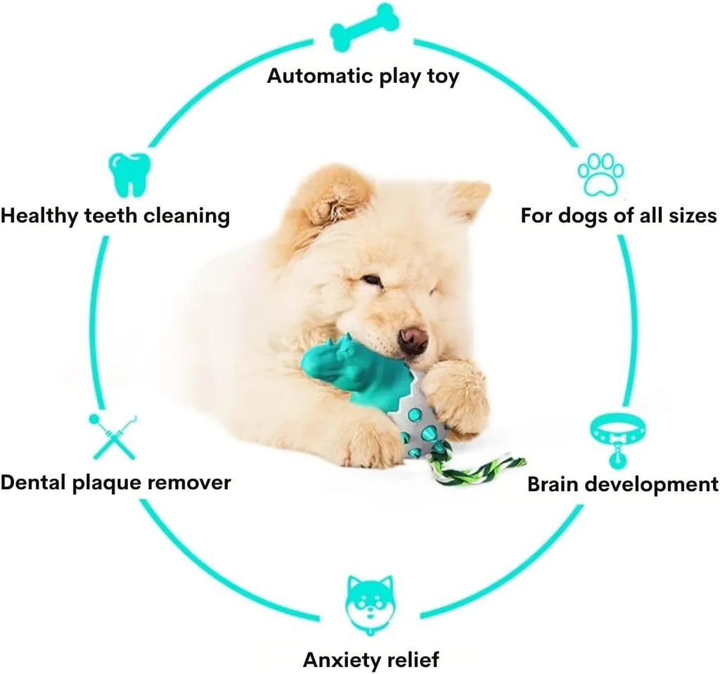 Durable blue dinosaur-shaped dog chew toy with an integrated green nylon rope.
