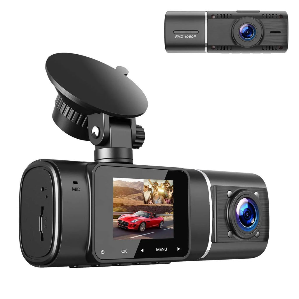Black dashboard camera for car with 1.5-inch screen, shown with car charger and mounting stand.