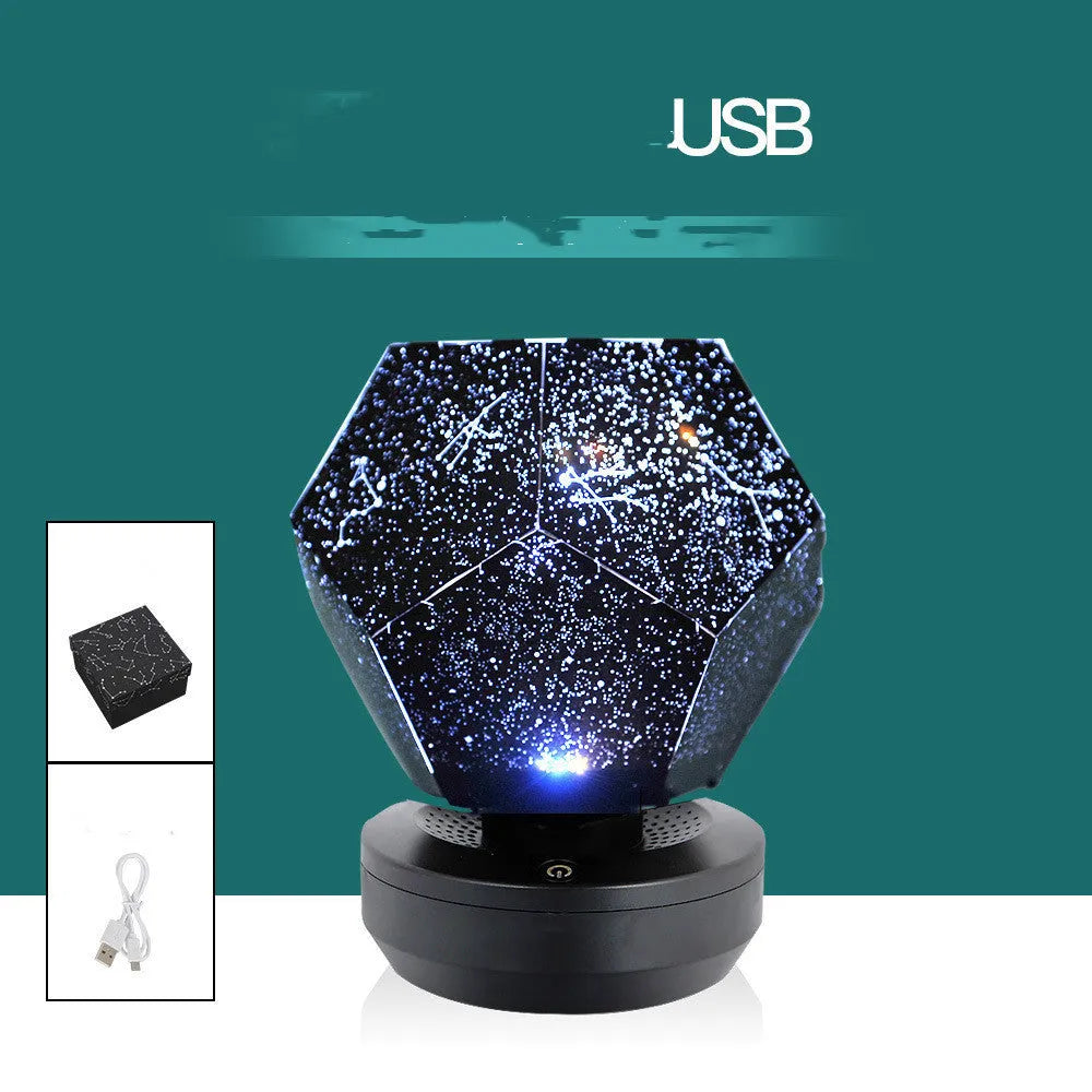 LED starry sky projector night lamp showing constellation projection on a bedroom ceiling.