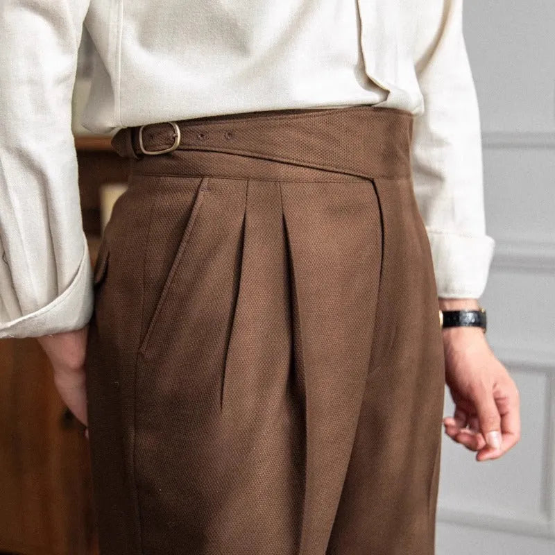 Men's high waist straight leg casual trousers in polyester fabric available in four colours