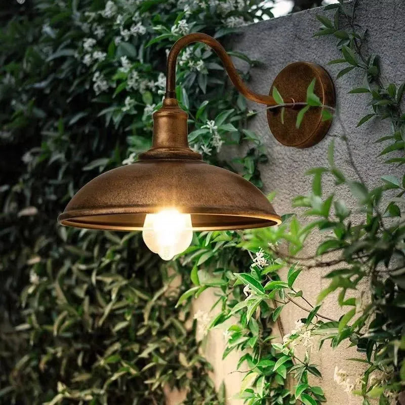 Retro-style metal courtyard wall lamp shown in silver and copper finishes with right-angle and bevel-angle bracket options.