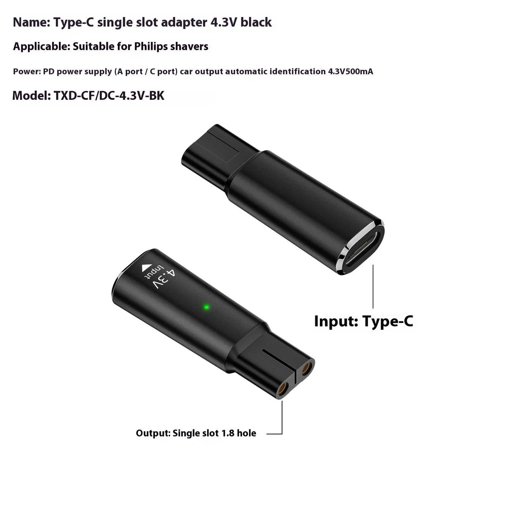 USB-C to 4.3V charging adapter for electric shavers in black or grey aluminium housing