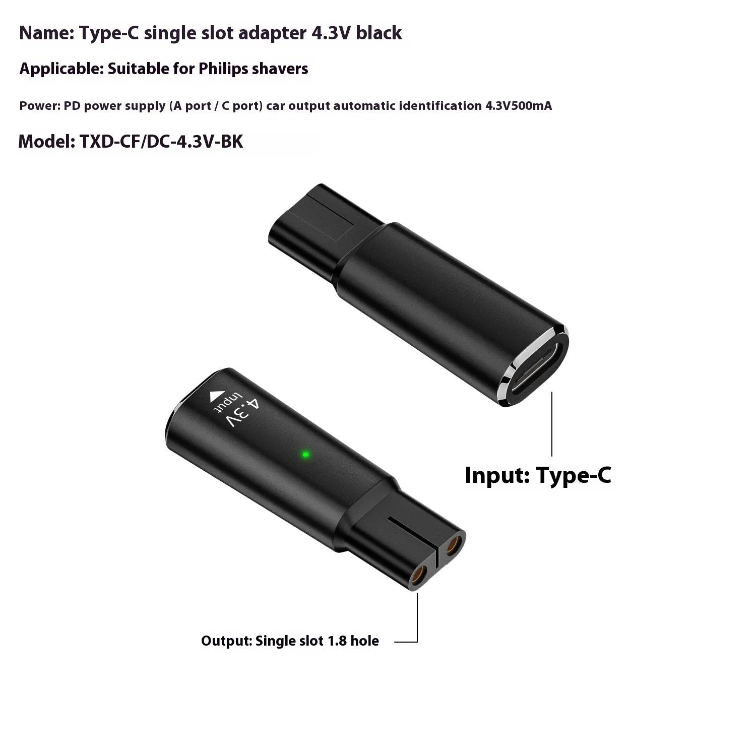 USB-C to 4.3V charging adapter for electric shavers in black or grey aluminium housing