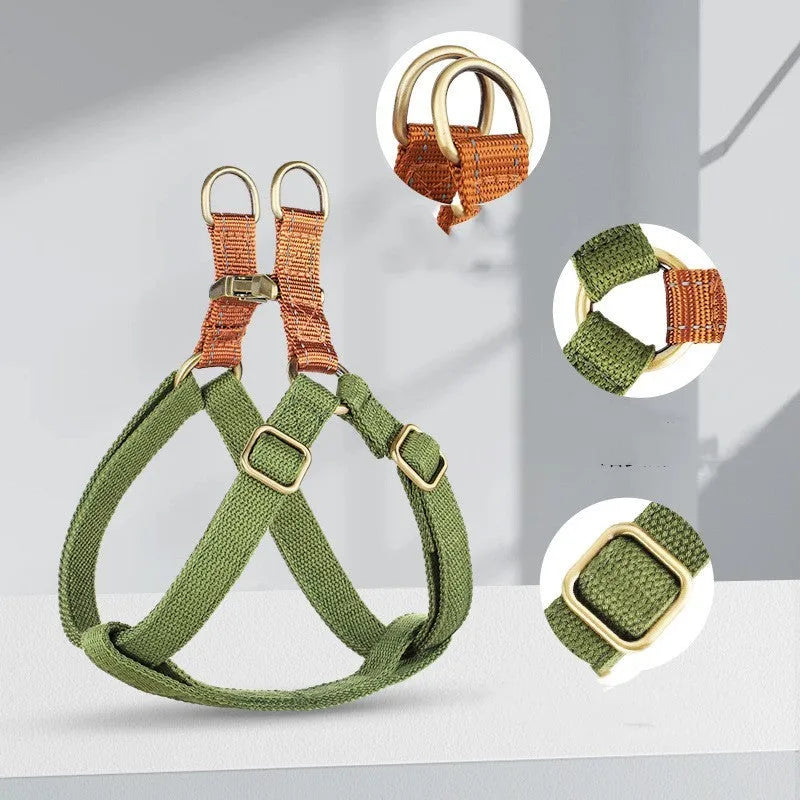 Vest-style anti-loss dog leash with adjustable cotton belt in brown colour