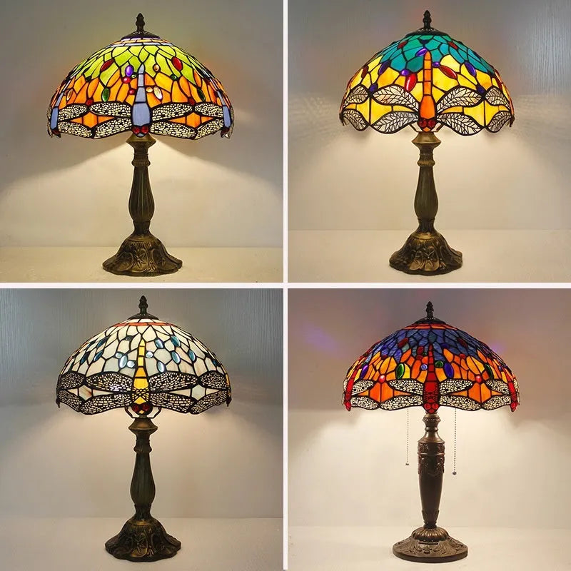 Stone table lamp with Tiffany-style dragonfly design in retro European style